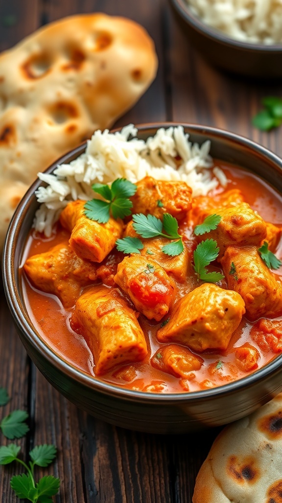A bowl of chicken tikka masala with rice and naan, garnished with cilantro.